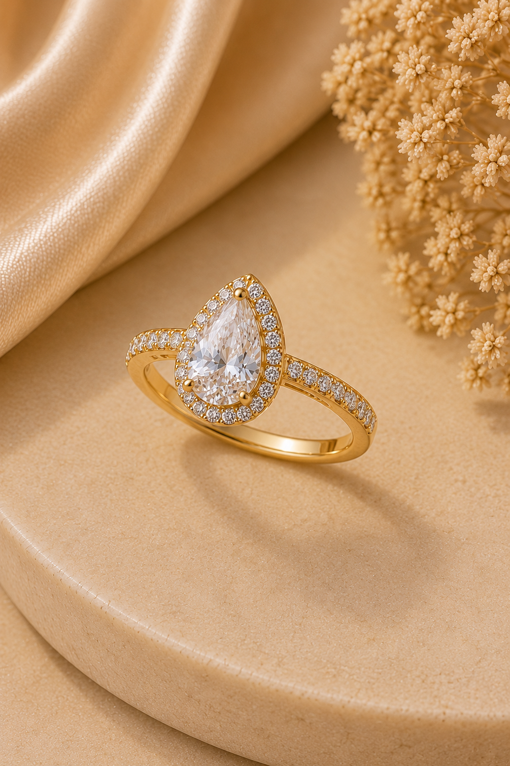 Pear-shaped ring featuring a sparkling teardrop-cut stone with gold setting, pavé band and halo accents – OrcaDeal Jewelry