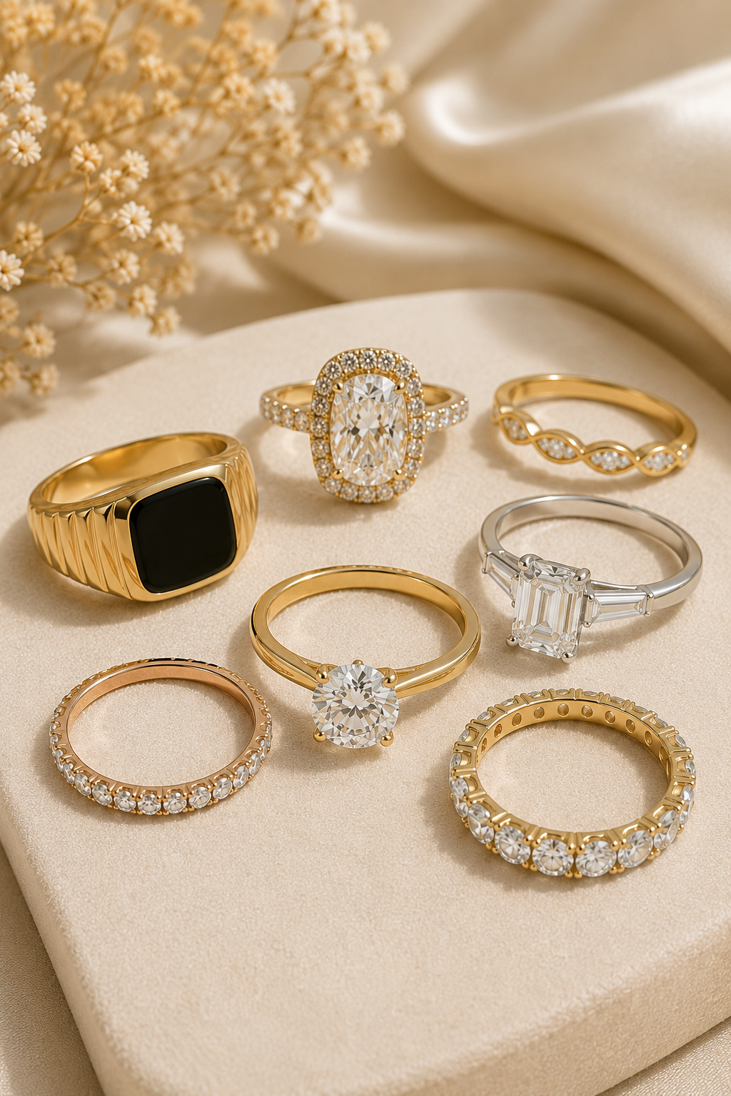 Luxury assortment of gold, rose gold, and silver rings with diamonds and gemstones displayed on a soft cream jewelry stand.