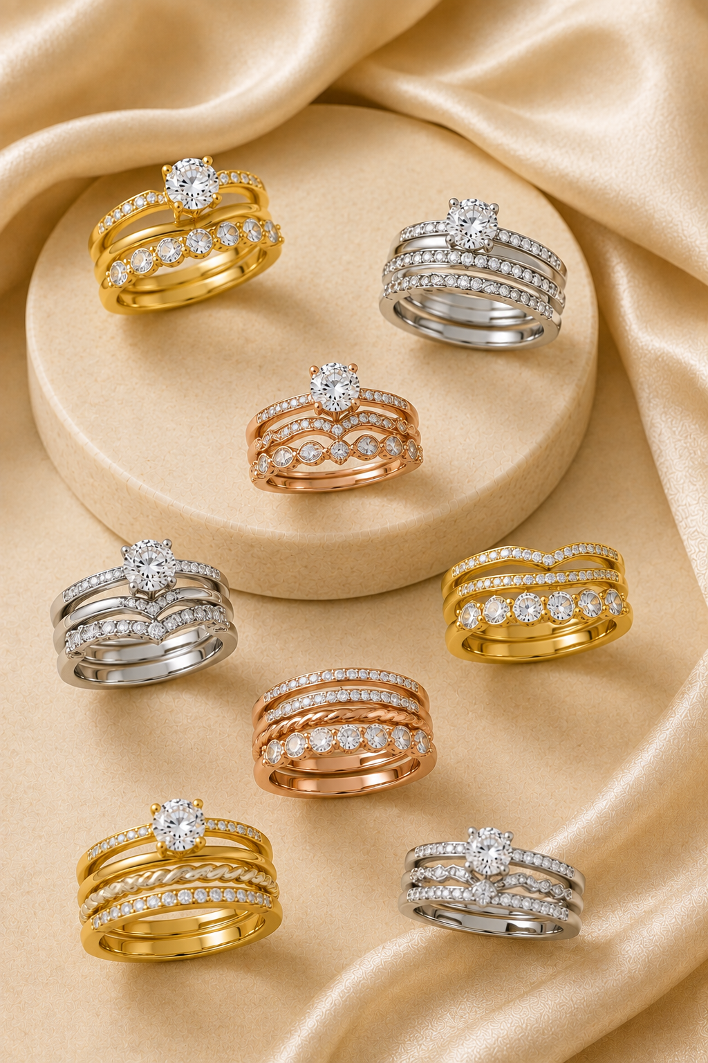 Elegant assortment of ring sets featuring gold, rose gold, and silver bands with sparkling gemstone, eternity, and stacked designs displayed on soft cream jewelry stands.