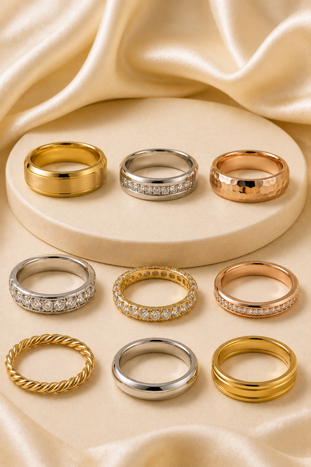Elegant assortment of jewelry bands featuring gold, rose gold, and silver designs with polished, textured, twisted, and sparkling gemstone details displayed on soft cream surfaces.