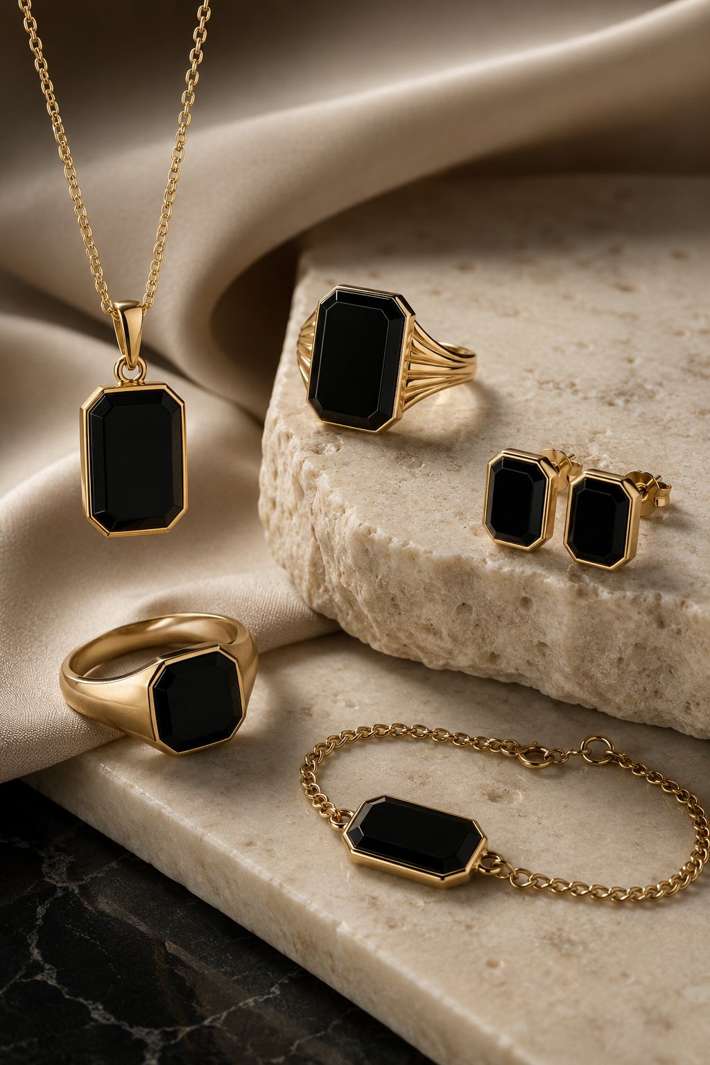 Black onyx jewelry collection featuring gold rings, pendant necklace, stud earrings and bracelet displayed on elegant cream stone and satin.