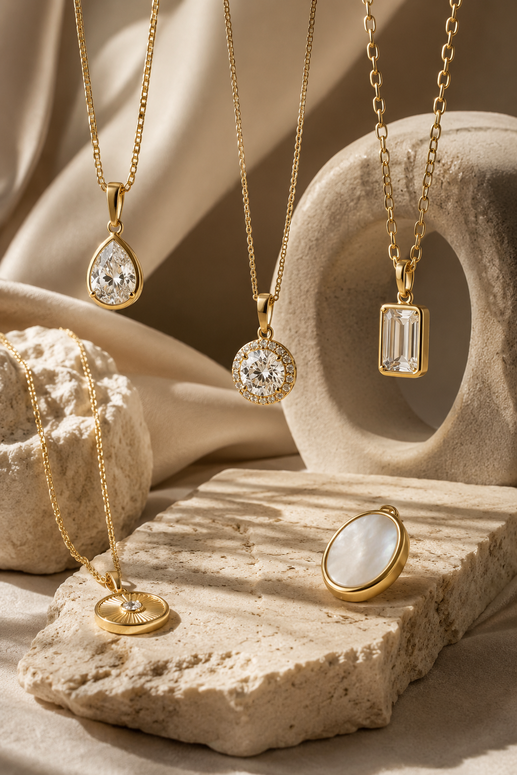 Luxury gold pendants with sparkling gemstones displayed on elegant cream stone pedestals – OrcaDeal Jewelry