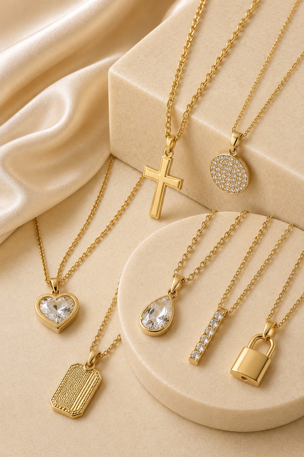 Chain pendants collection featuring gold cross, heart, crystal, bar, medallion and lock pendants on elegant chains with a cream and champagne display