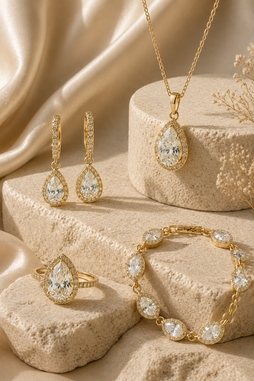 Luxury pear-shaped gold jewelry with sparkling gemstones, including necklace, earrings, ring and bracelet, displayed on elegant cream stone pedestals – OrcaDeal Jewelry