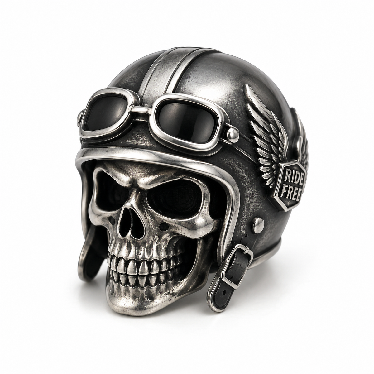 Biker jewelry collection featuring a silver-tone skull with motorcycle helmet and goggles on a clean white background
