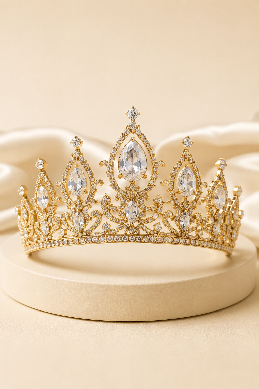 Crown jewelry collection featuring an elegant gold-tone crown with sparkling crystal and teardrop gemstone accents on a luxurious cream background