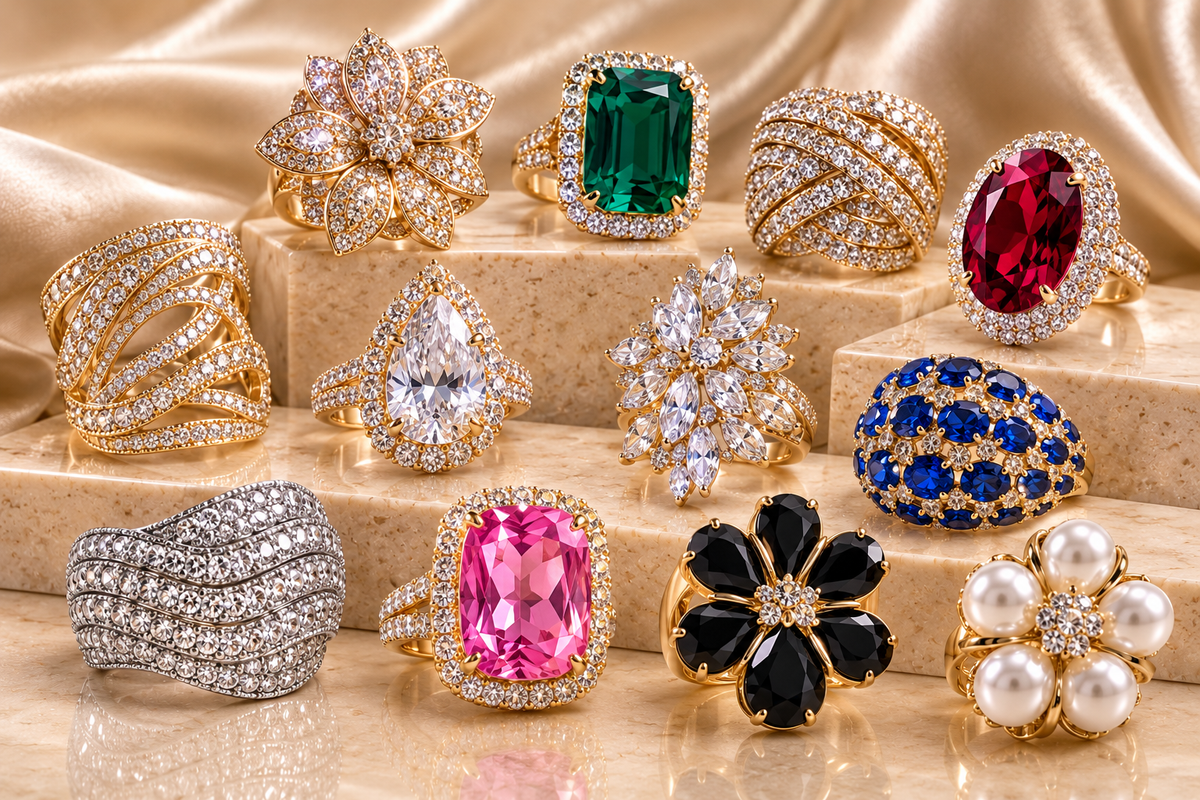 Women's cocktail rings collection featuring colorful gemstone, crystal, floral and statement designs displayed on elegant cream stone with champagne satin.