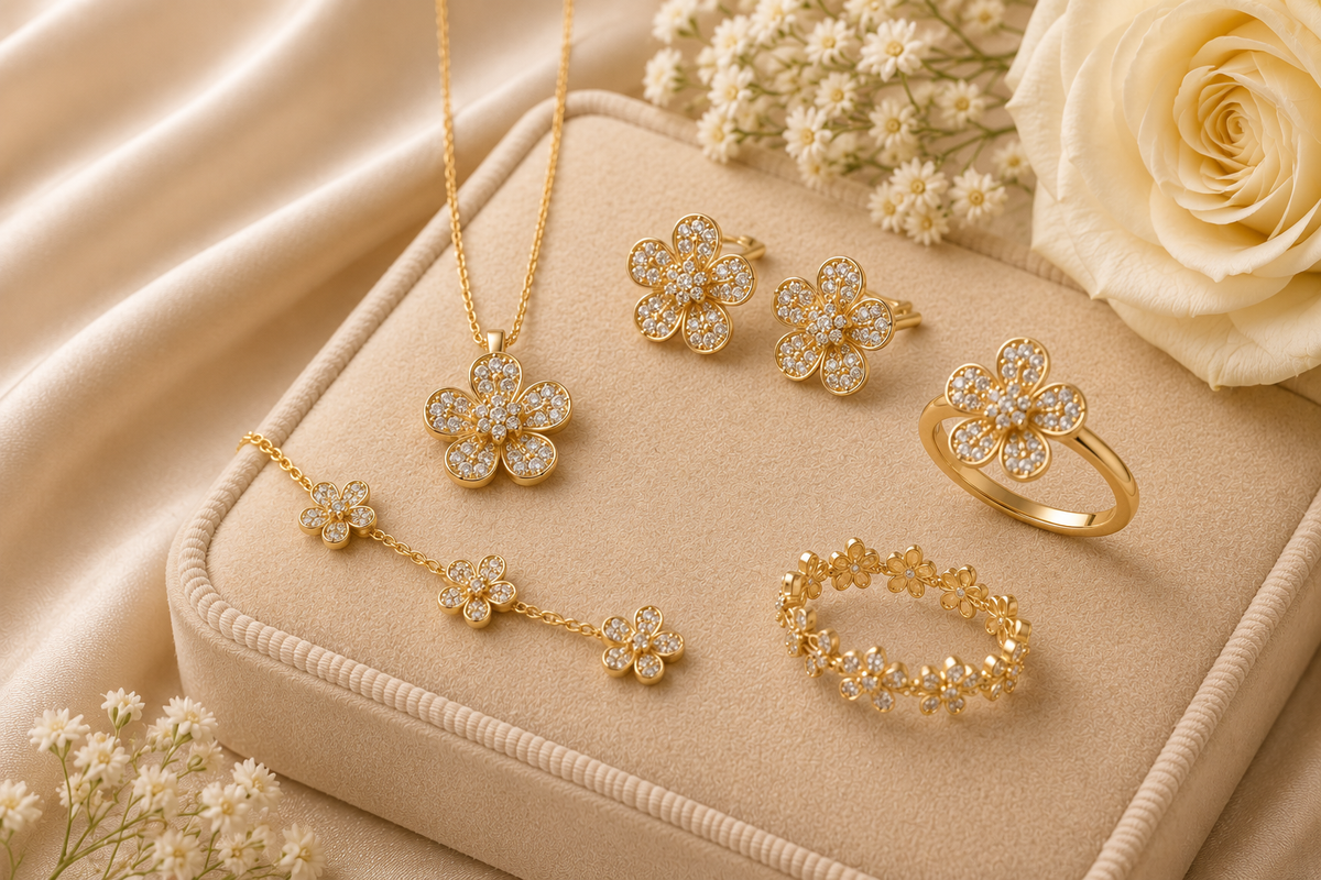 Women's flower jewelry collection featuring gold floral necklace, earrings, ring and bracelet with sparkling stone accents