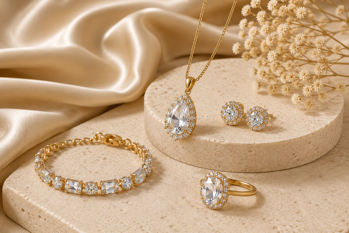 Luxury women's crystal jewelry collection featuring sparkling crystal necklace, earrings, bracelet and ring in elegant gold settings on cream stone pedestals.