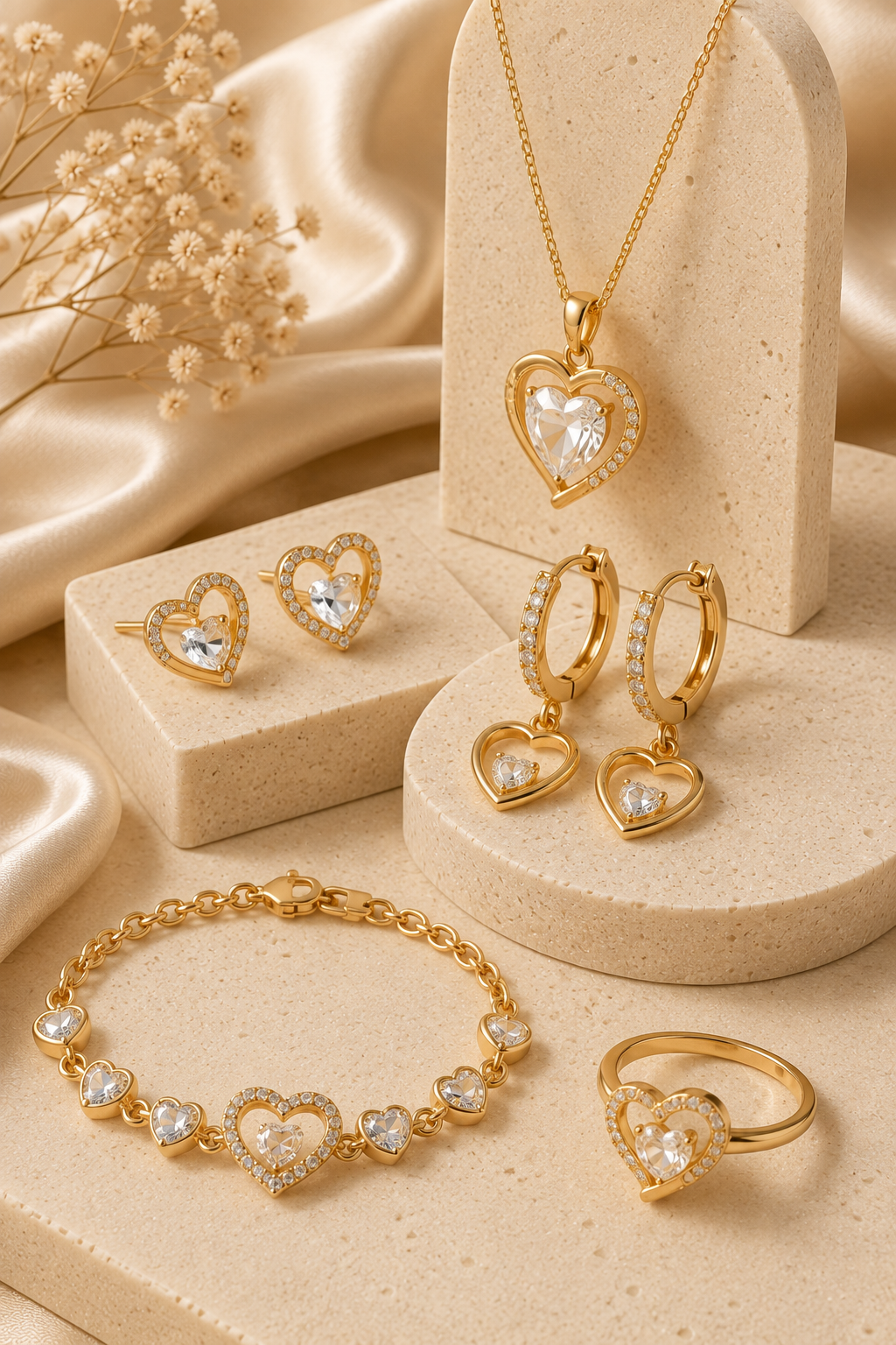 Luxury women's heart jewelry collection featuring gold heart necklaces, earrings, bracelet and ring with sparkling crystal accents elegantly displayed on cream stone pedestals.