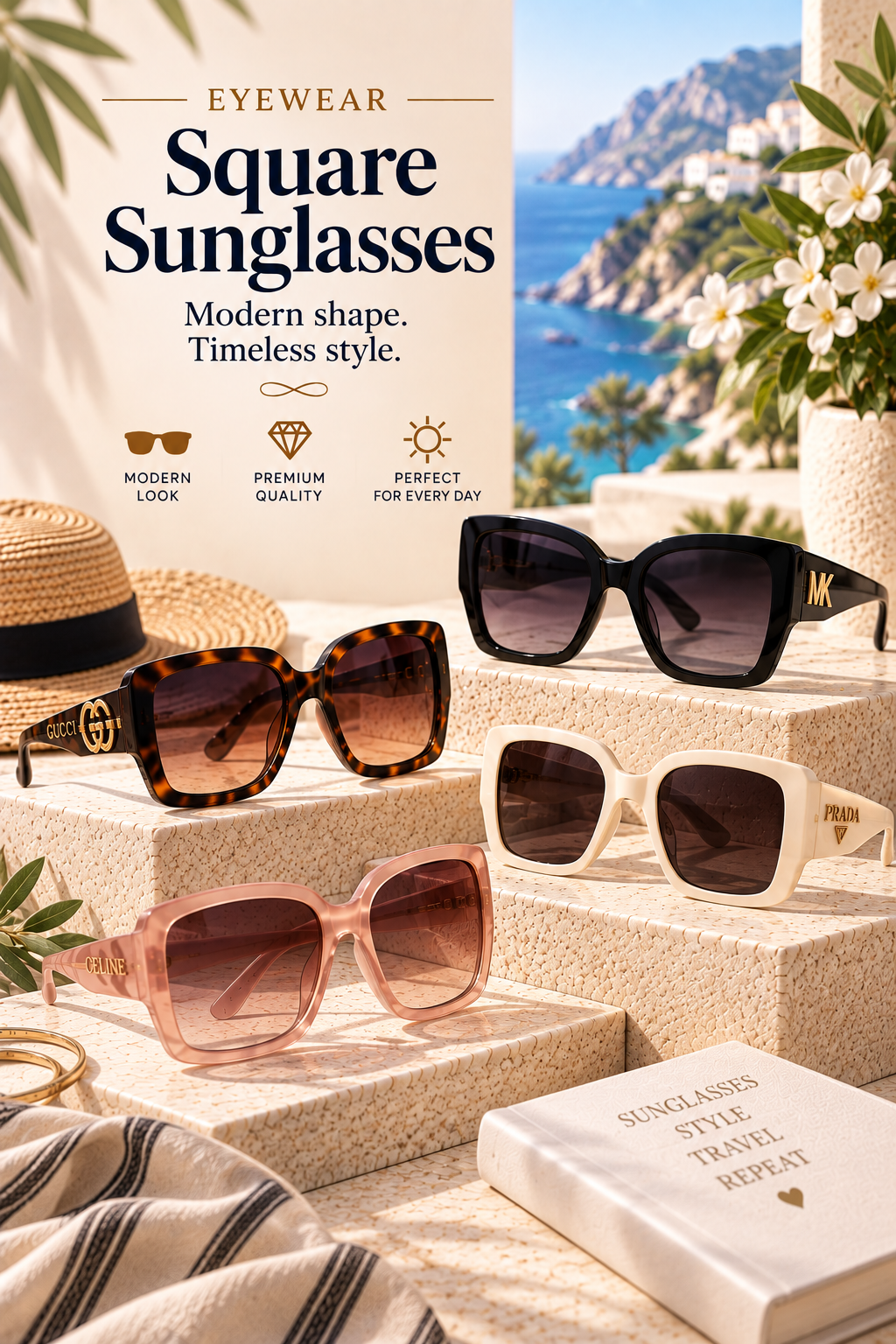 Square sunglasses in black, tortoiseshell, ivory, and blush pink styles displayed on elegant stone pedestals in a luxury Mediterranean coastal setting.