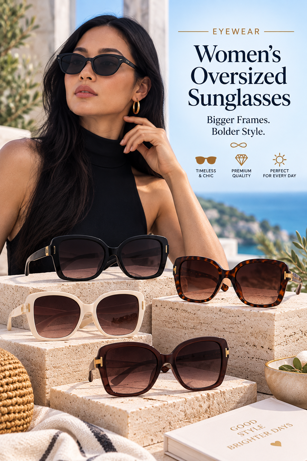 Woman wearing oversized black sunglasses with black, tortoiseshell, ivory, and brown oversized frames displayed on elegant stone pedestals in a luxury Mediterranean coastal setting.