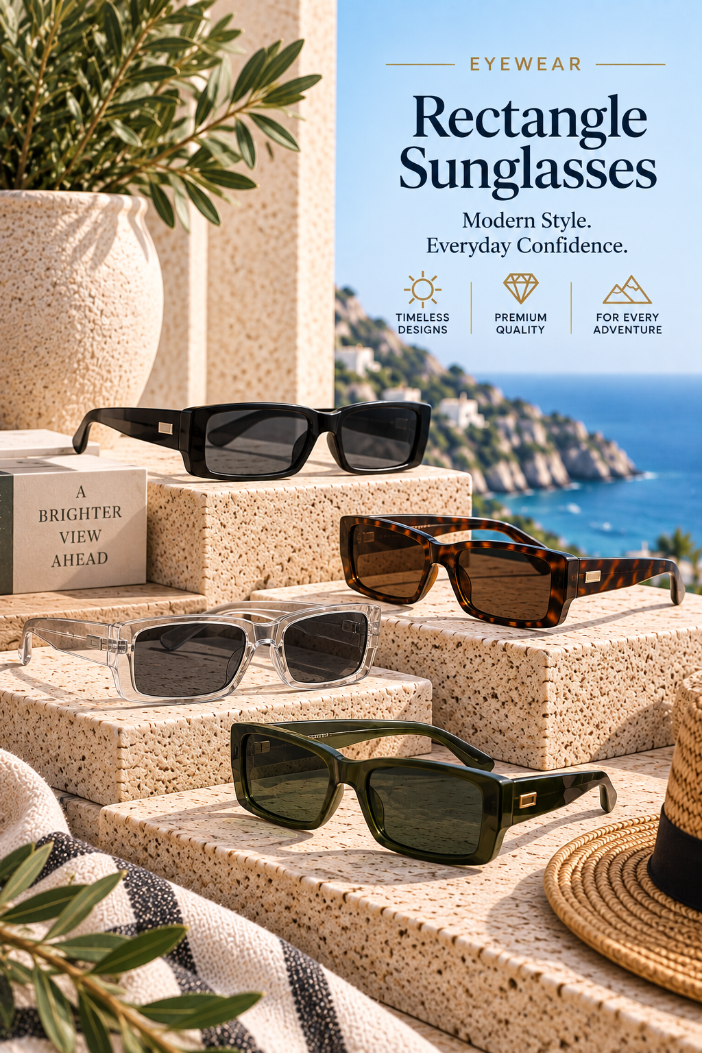 Rectangle sunglasses in black, tortoiseshell, clear, and olive green styles displayed on elegant stone pedestals in a luxury Mediterranean coastal setting.