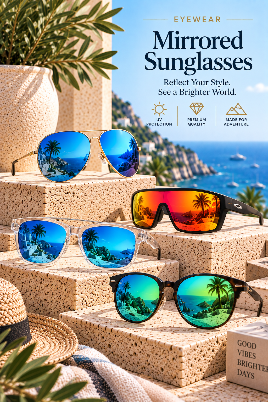 Mirrored sunglasses in blue, orange, and green reflective lens styles displayed on elegant stone pedestals in a luxury Mediterranean coastal setting.