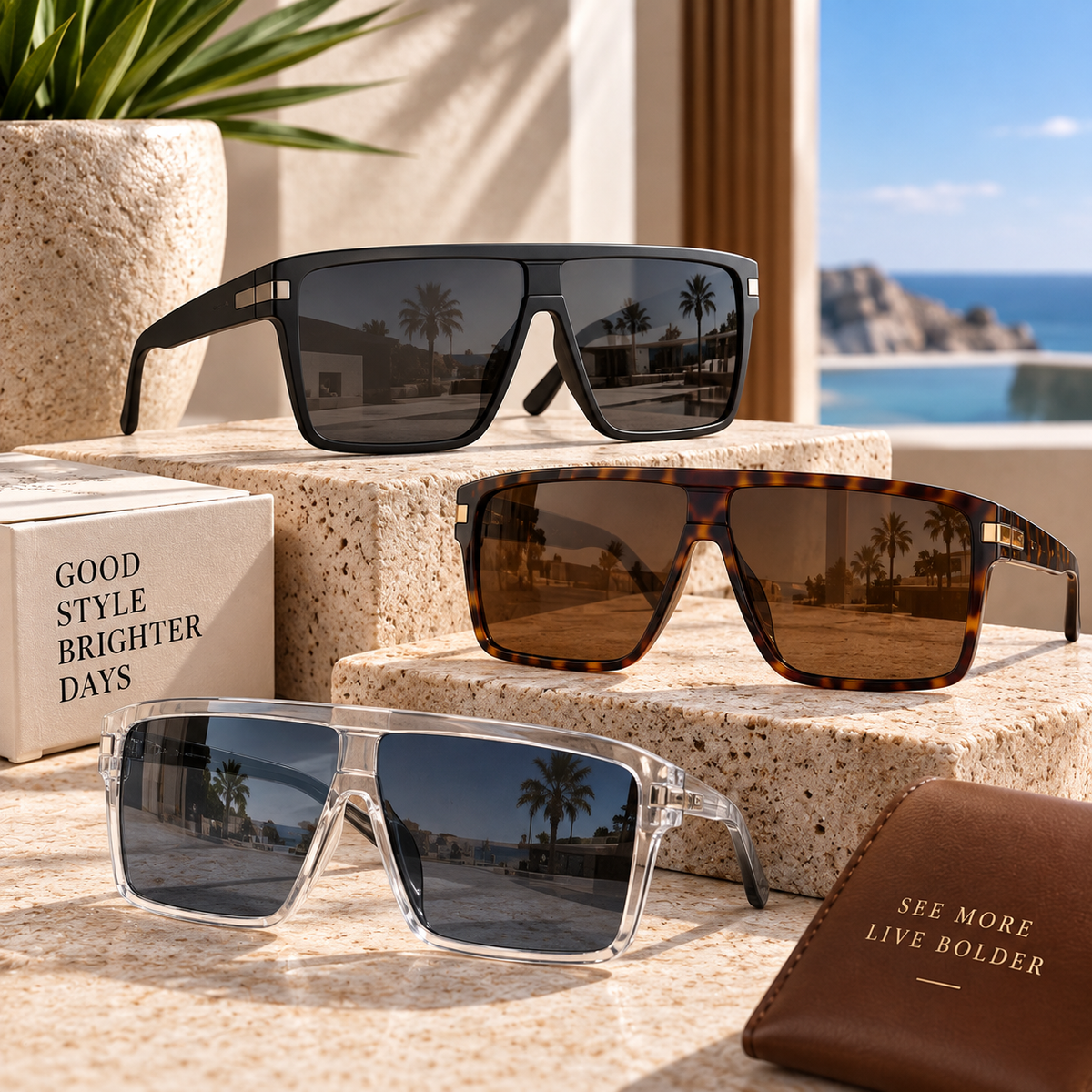Flat lens sunglasses in black, tortoiseshell, and clear frame styles displayed on elegant stone pedestals in a luxury coastal resort setting.