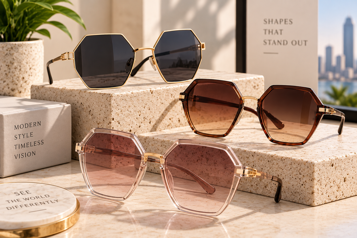 Geometric sunglasses in black, brown, and blush pink angular frame styles displayed on elegant stone pedestals in a luxury modern setting.