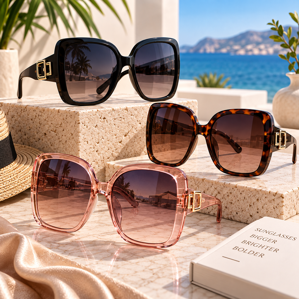 Oversized sunglasses in black, tortoiseshell, and blush pink frames displayed on elegant stone pedestals in a luxury Mediterranean coastal setting.