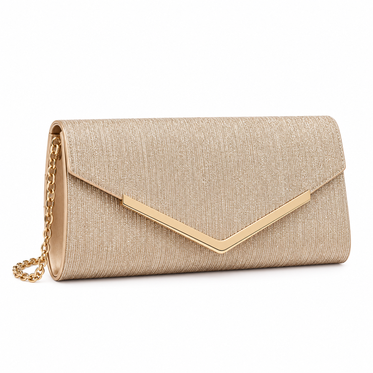 Champagne gold clutch with a textured finish, elegant envelope flap, gold-tone trim, and chain strap displayed on a clean white background.