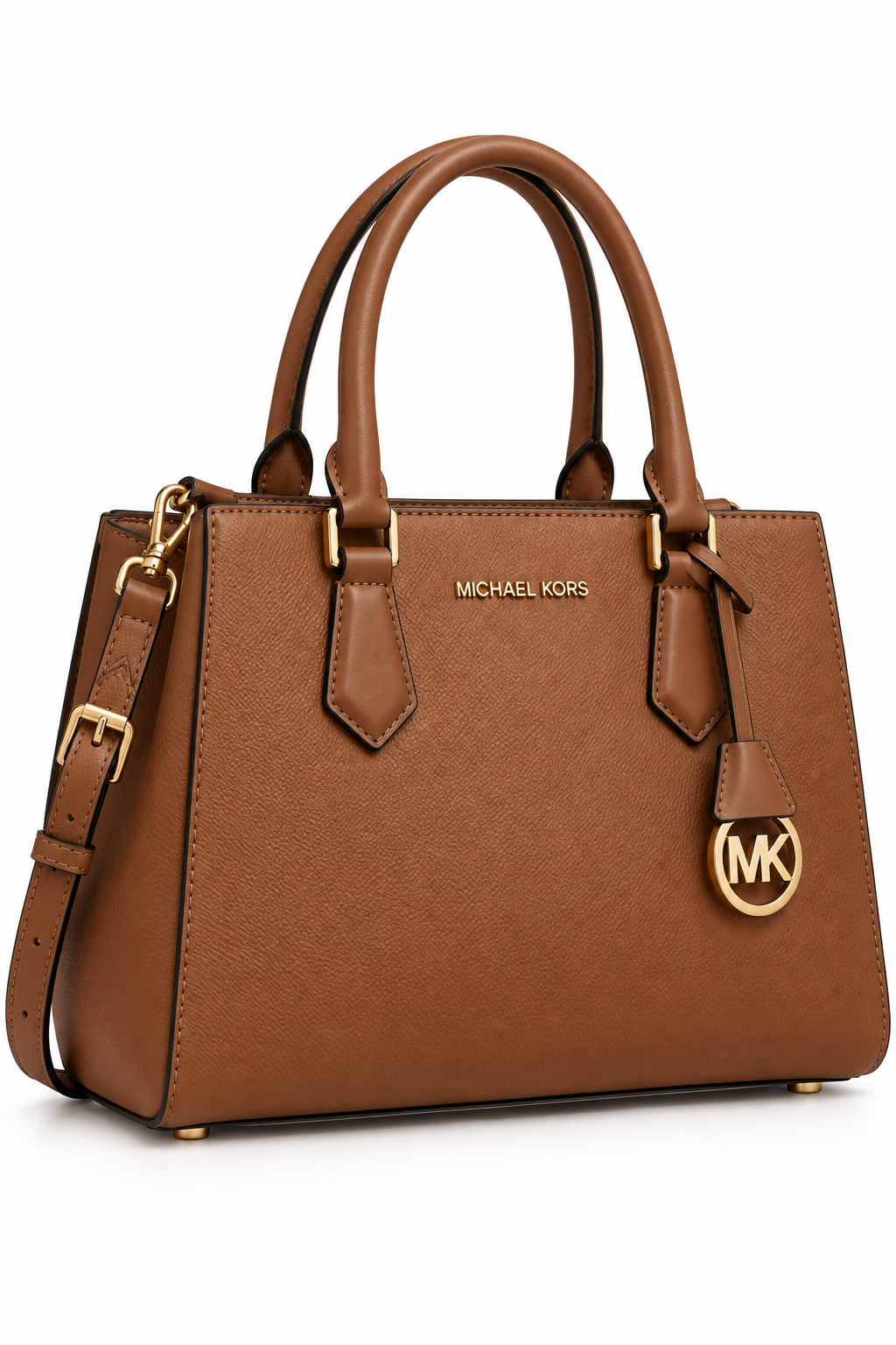 Cognac brown handbag with structured handles, a detachable shoulder strap, and gold-tone hardware displayed on a clean white background.
