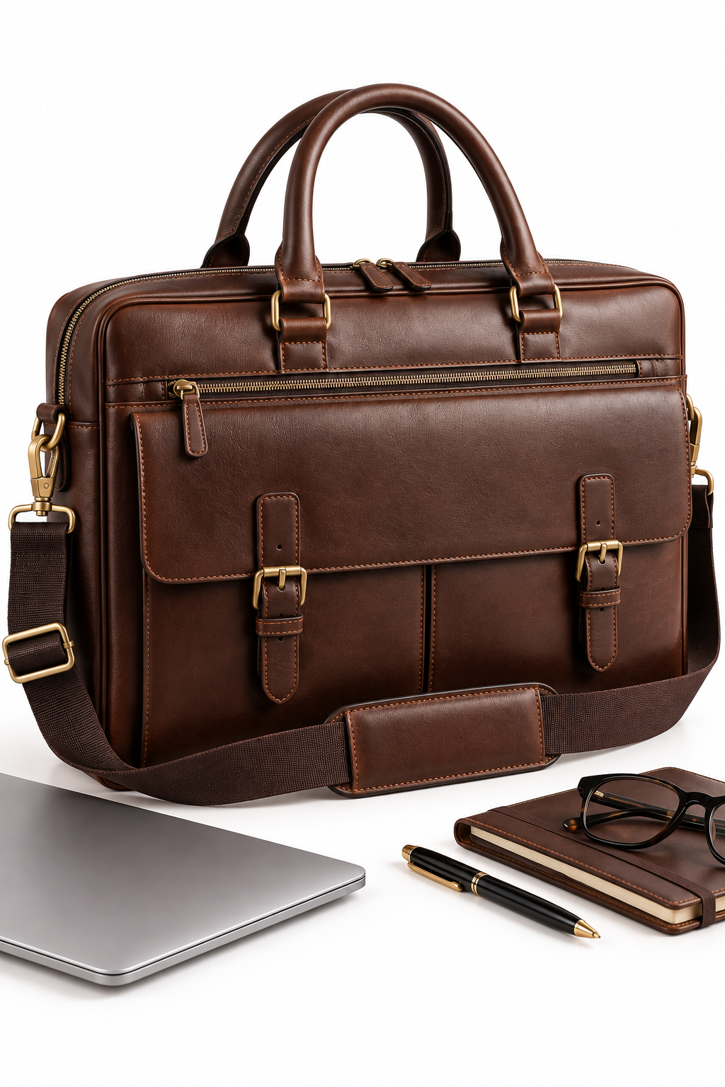 Brown leather briefcase with structured handles, adjustable shoulder strap, gold-tone hardware, laptop, notebook, pen, and glasses displayed on a clean white background.