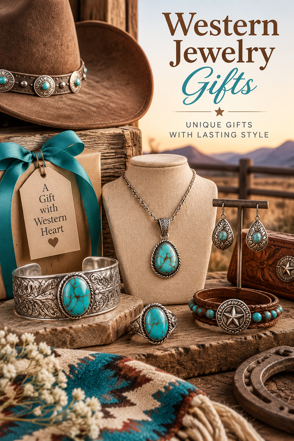 Luxury western jewelry gift collection featuring turquoise necklaces, silver rings, bracelets, earrings, cowboy-inspired accessories, and rustic gift details arranged with a western ranch aesthetic.