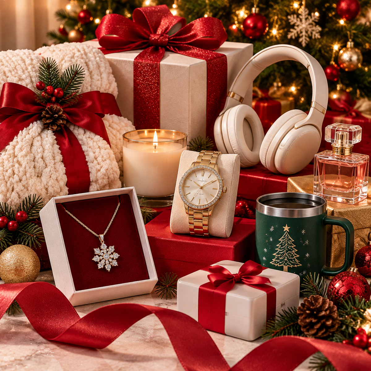 Christmas Gifts collection featuring elegant holiday presents, jewelry, watches, perfumes, accessories, candles, and seasonal gift ideas arranged with Christmas decorations, ribbons, ornaments, and luxury festive details.