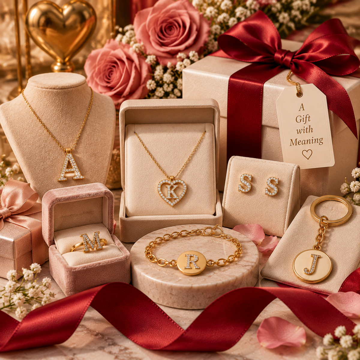 Initial Jewelry Gifts collection featuring personalized initial necklaces, earrings, bracelets, rings, and keychains arranged with luxury gift boxes, roses, satin ribbons, marble accents, and elegant romantic details.
