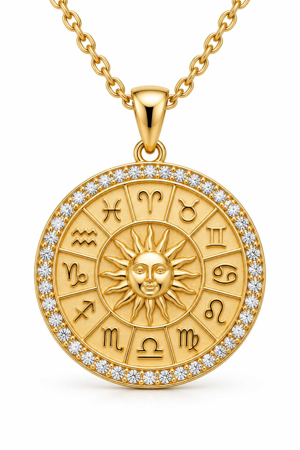Zodiac Jewelry Gifts collection featuring a luxury gold zodiac pendant necklace with detailed astrological symbols and diamond accents displayed on a clean white background with premium studio lighting.