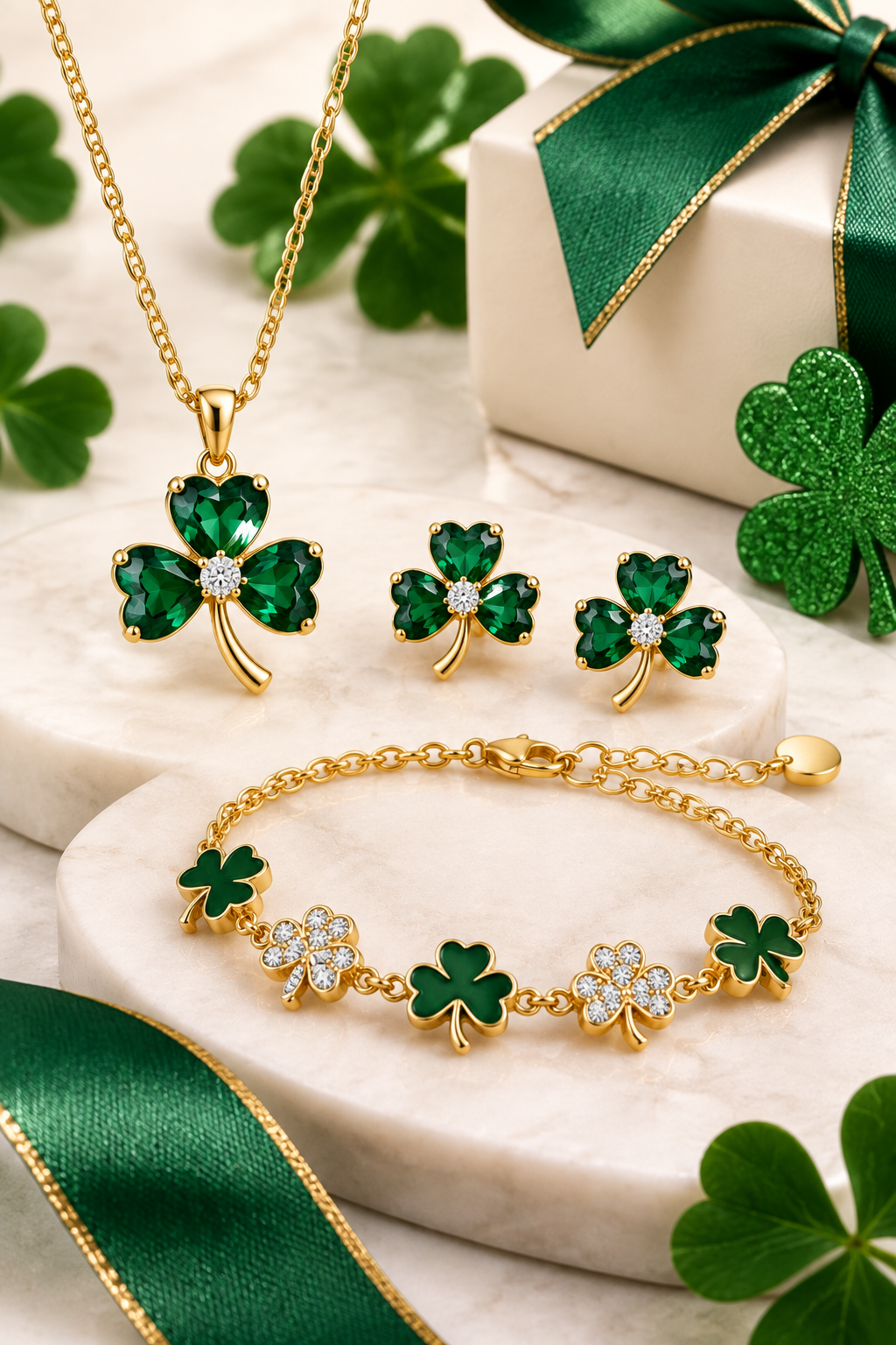 St. Patrick's Day Jewelry Gifts collection featuring a green shamrock pendant necklace, matching earrings, and bracelet with emerald accents displayed in a luxury holiday jewelry setting.
