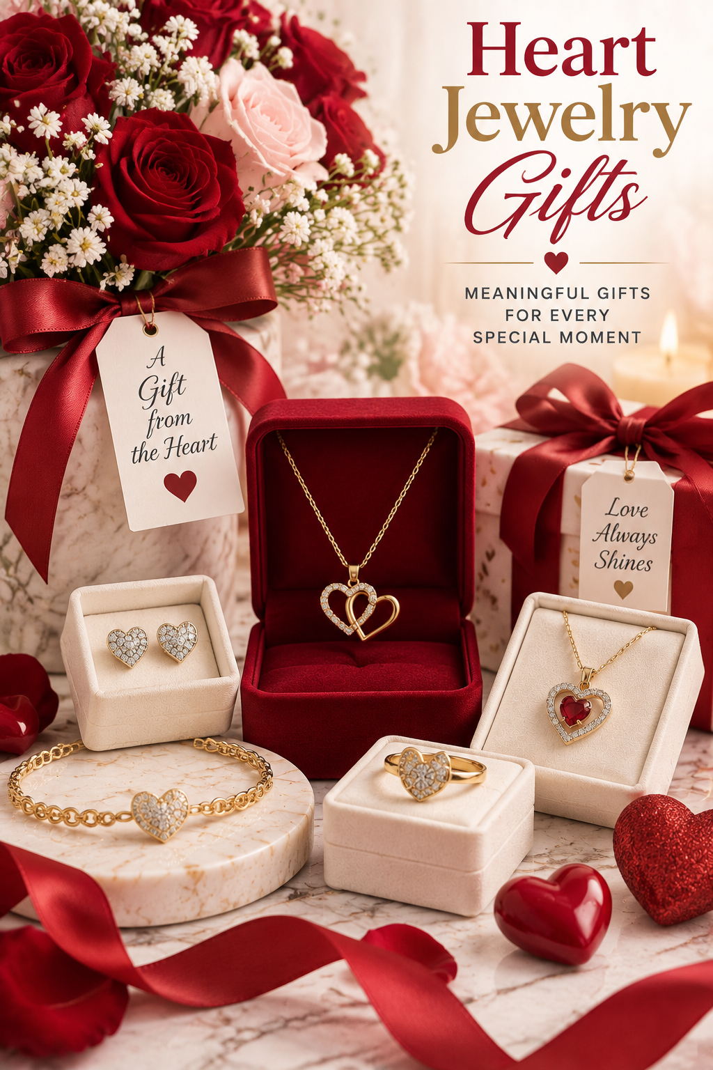 Heart Jewelry Gifts collection featuring romantic heart necklaces, earrings, bracelets, rings, and elegant jewelry boxes arranged with roses, ribbons, and luxury gift details for special moments.
