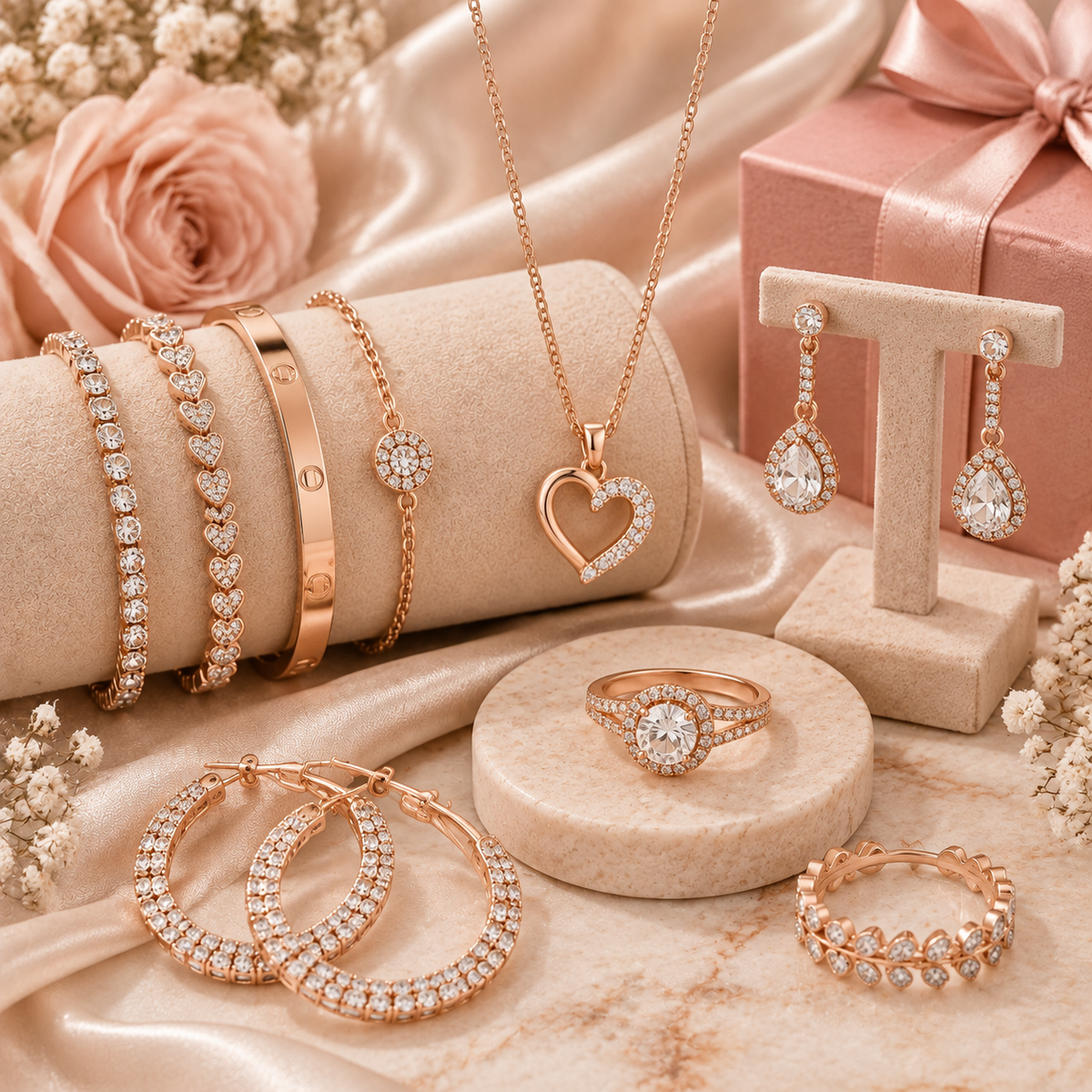 Rose Gold Jewelry Gifts collection featuring elegant rose gold necklaces, bracelets, earrings, rings, and sparkling jewelry pieces arranged with satin, flowers, gift boxes, and luxury details.