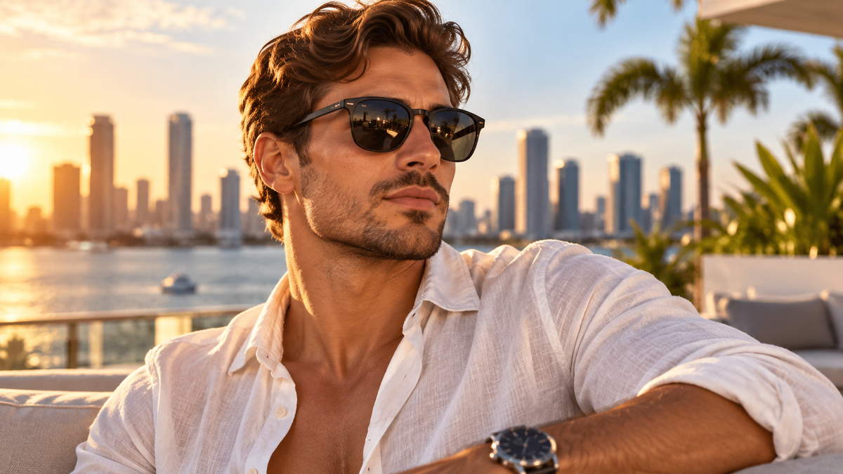 Stylish man wearing modern black sunglasses and a white linen shirt on a luxury waterfront terrace at sunset, showcasing men's sunglasses.