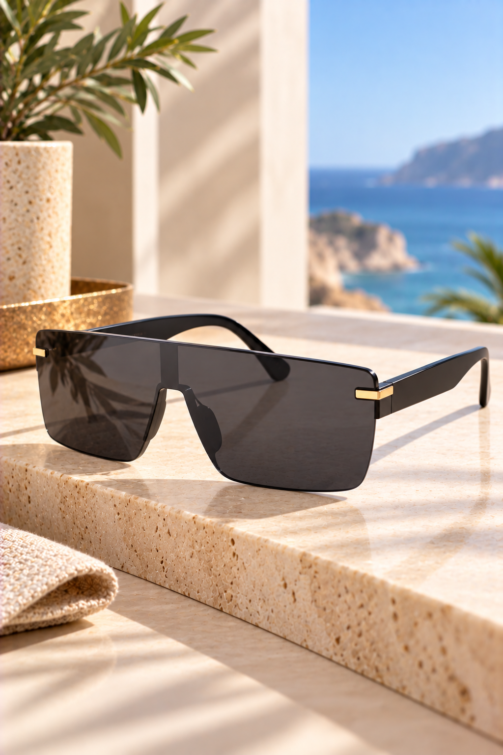 Luxury black flat lens sunglasses with gold-tone accents displayed on a beige stone surface in an elegant coastal resort setting.
