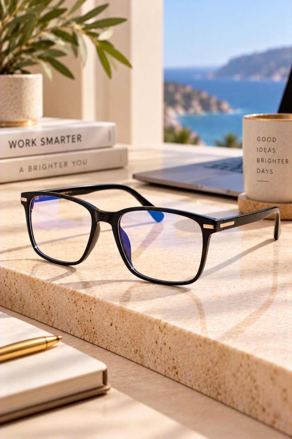 Black rectangular blue light glasses with subtle blue-reflective lenses displayed on an elegant beige stone desk beside a laptop in a luxury coastal workspace.