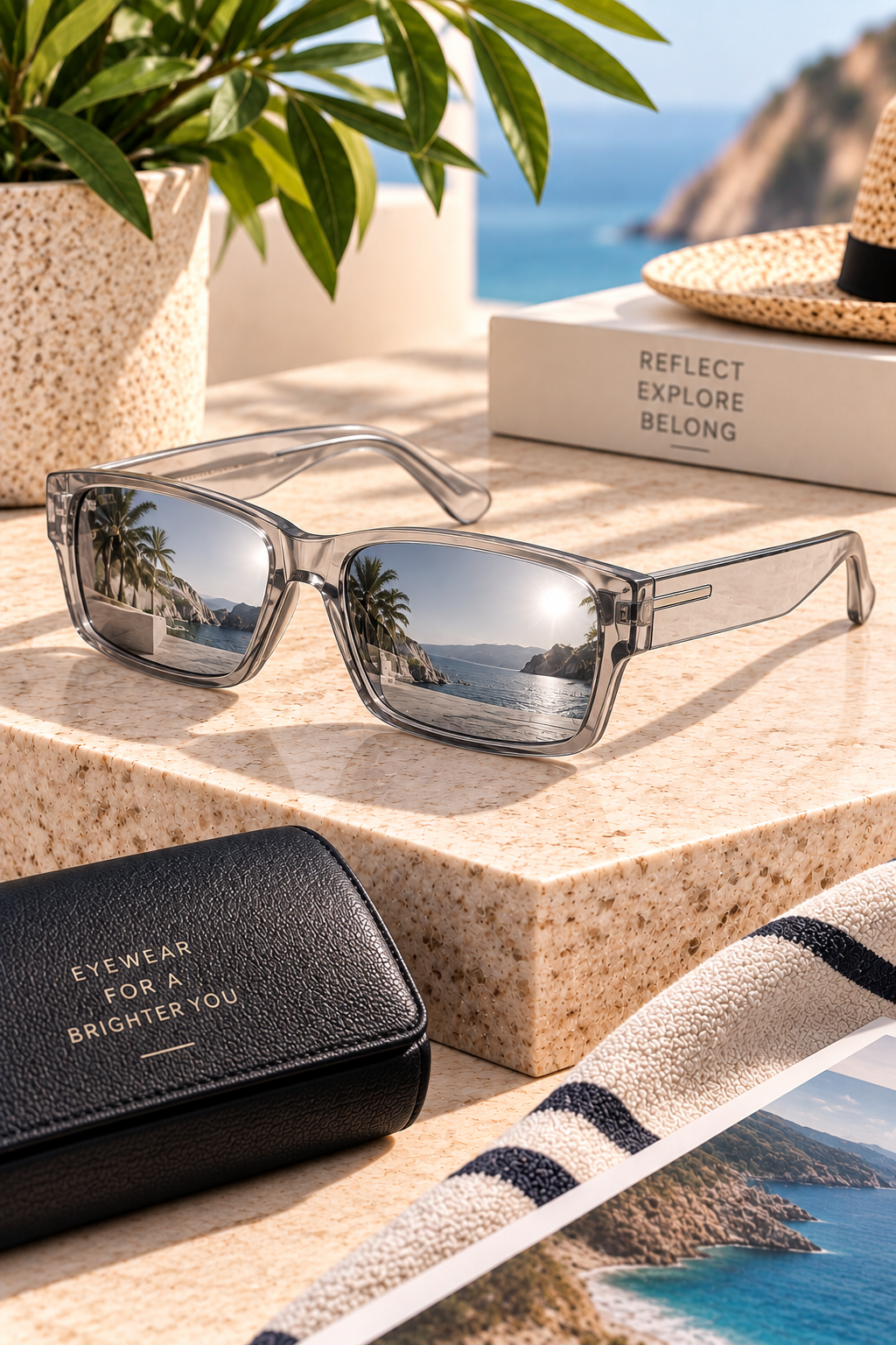Silver mirrored rectangle sunglasses with transparent frames and reflective lenses displayed on a sunlit stone platform in a luxury coastal setting.