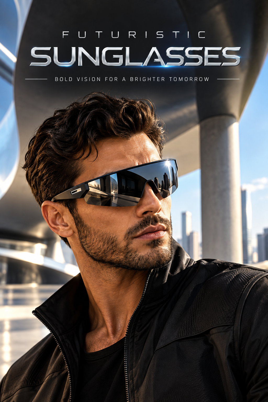 Male model wearing futuristic black mirrored wraparound sunglasses in a modern architectural setting with a luxury high-tech fashion aesthetic.