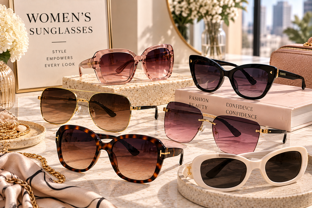 Women's sunglasses in pink, black, gold, tortoiseshell, mauve and ivory frames displayed in an elegant luxury fashion boutique setting.