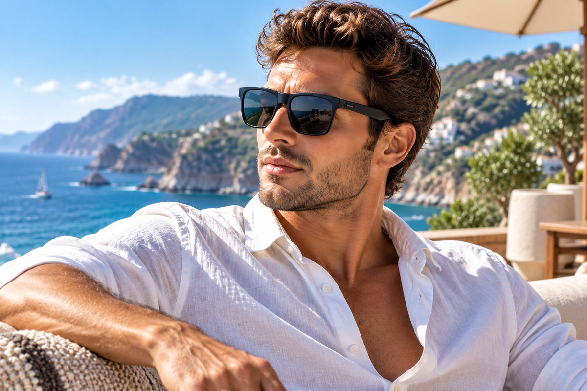 Man wearing black Kyler square retro flat top polarized sunglasses while relaxing at a luxury coastal resort overlooking the ocean.
