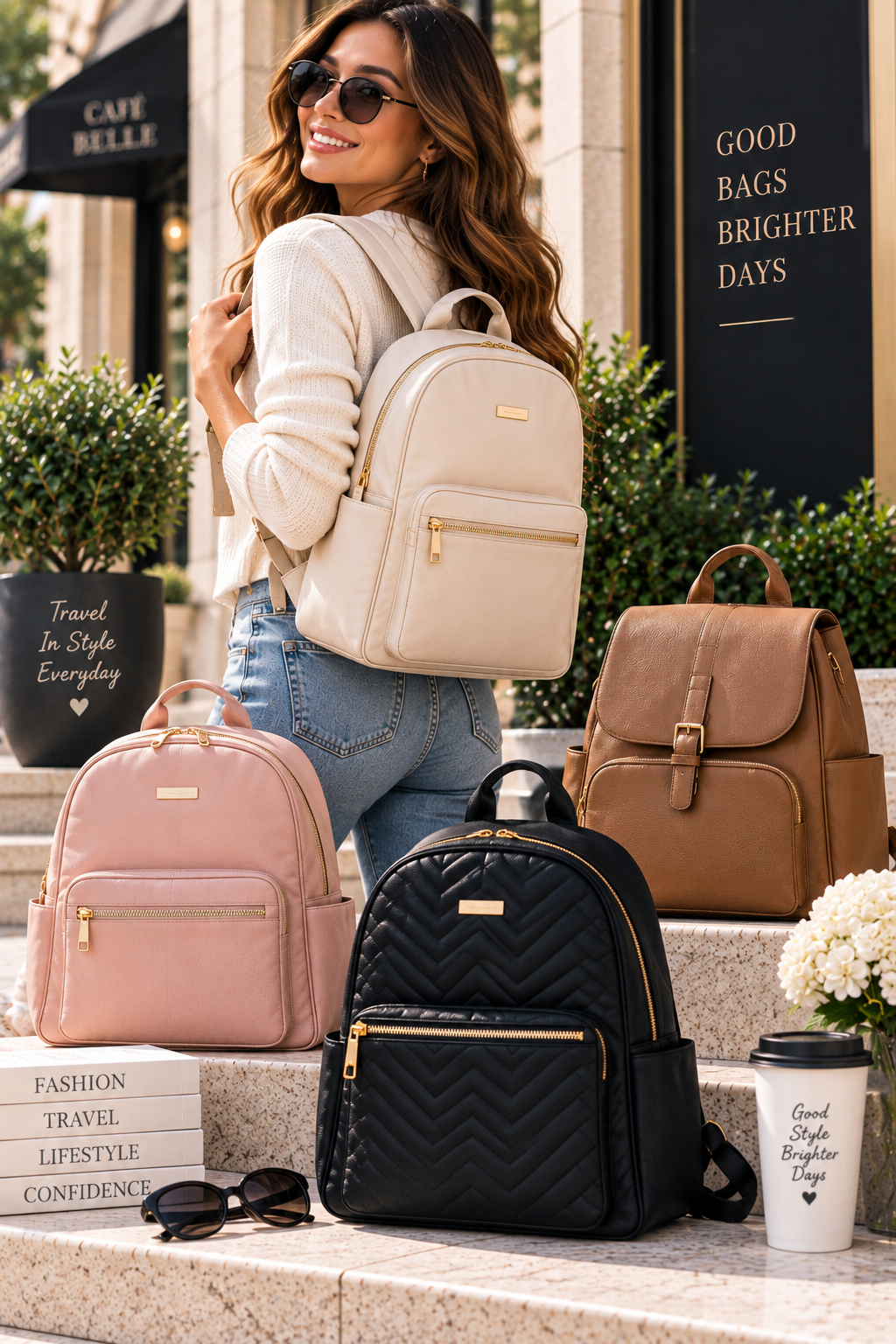 Stylish woman wearing a cream backpack, surrounded by blush, black quilted, and brown backpacks in an elegant outdoor boutique setting.
