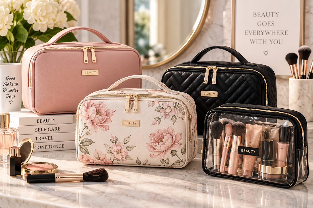 Elegant blush, floral, black quilted, and clear makeup bags with cosmetics and brushes displayed on a luxury marble vanity.