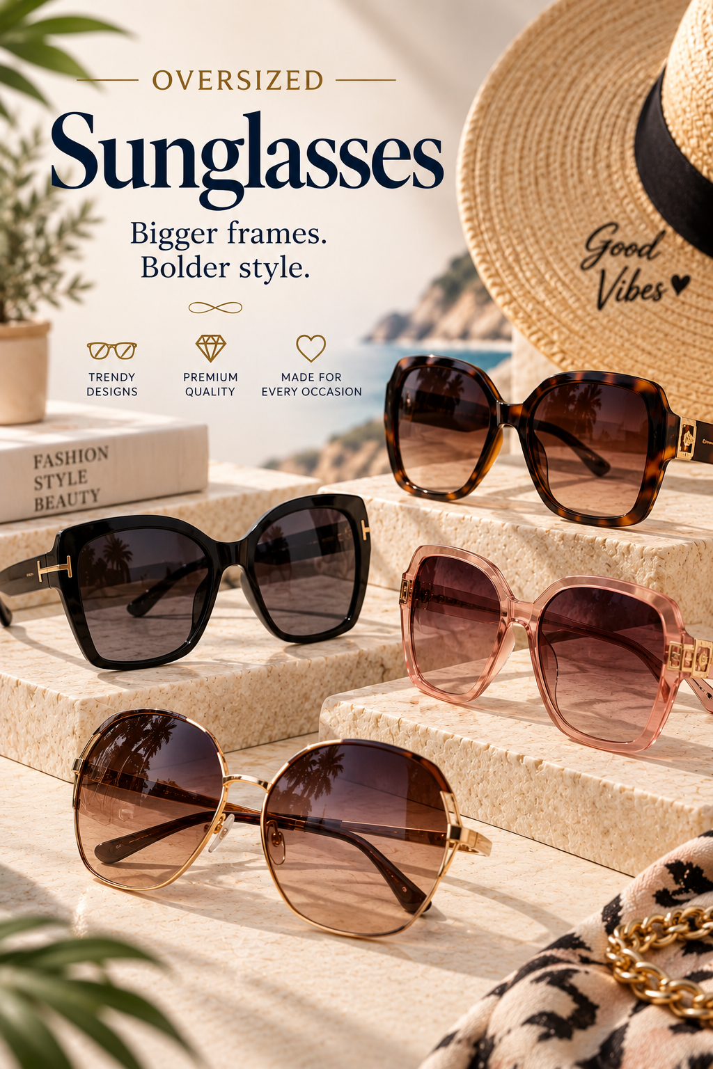 Oversized sunglasses in black, tortoiseshell, blush pink, and gold-tone styles displayed on elegant stone pedestals in a luxury coastal setting.