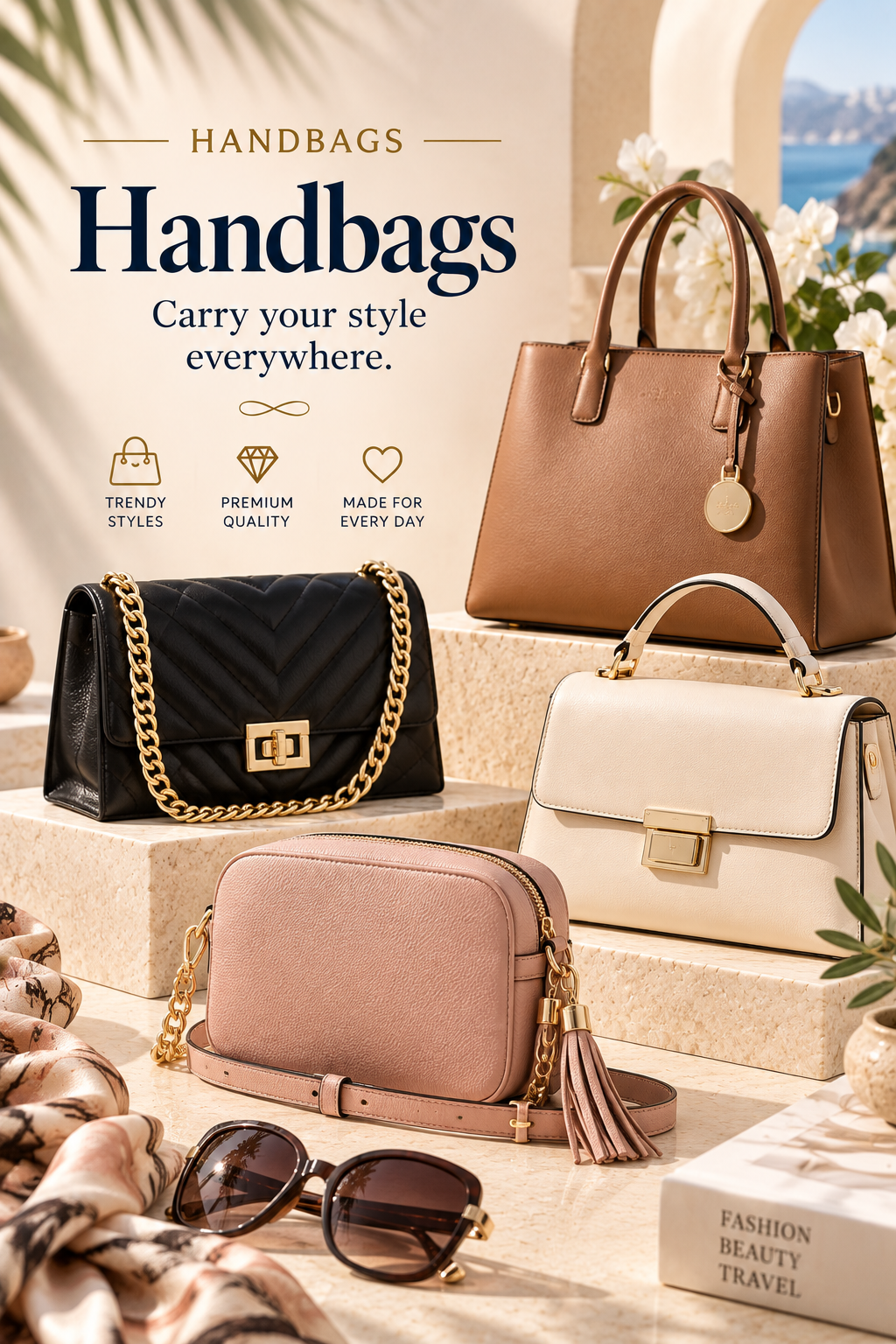 Elegant handbags in brown, black, ivory, and blush pink displayed on luxury stone pedestals in a sophisticated coastal setting.