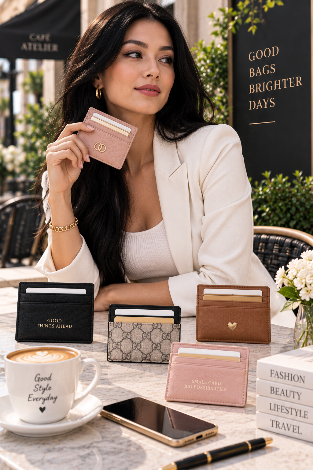 Stylish woman holding a blush leather card holder, surrounded by black, brown, and patterned card cases in an elegant outdoor café setting.