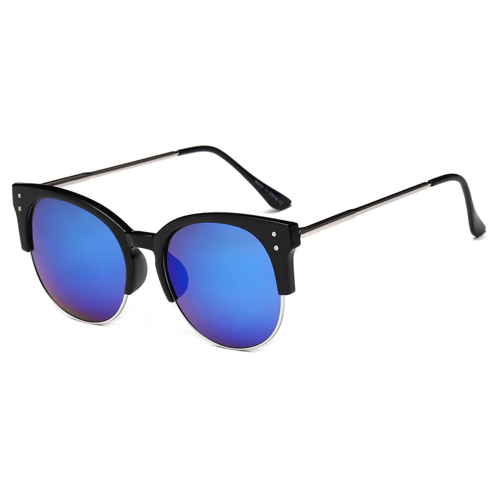 ABANDA |  Round Mirrored Flat Lens Half Frame Sunglasses Circle-2