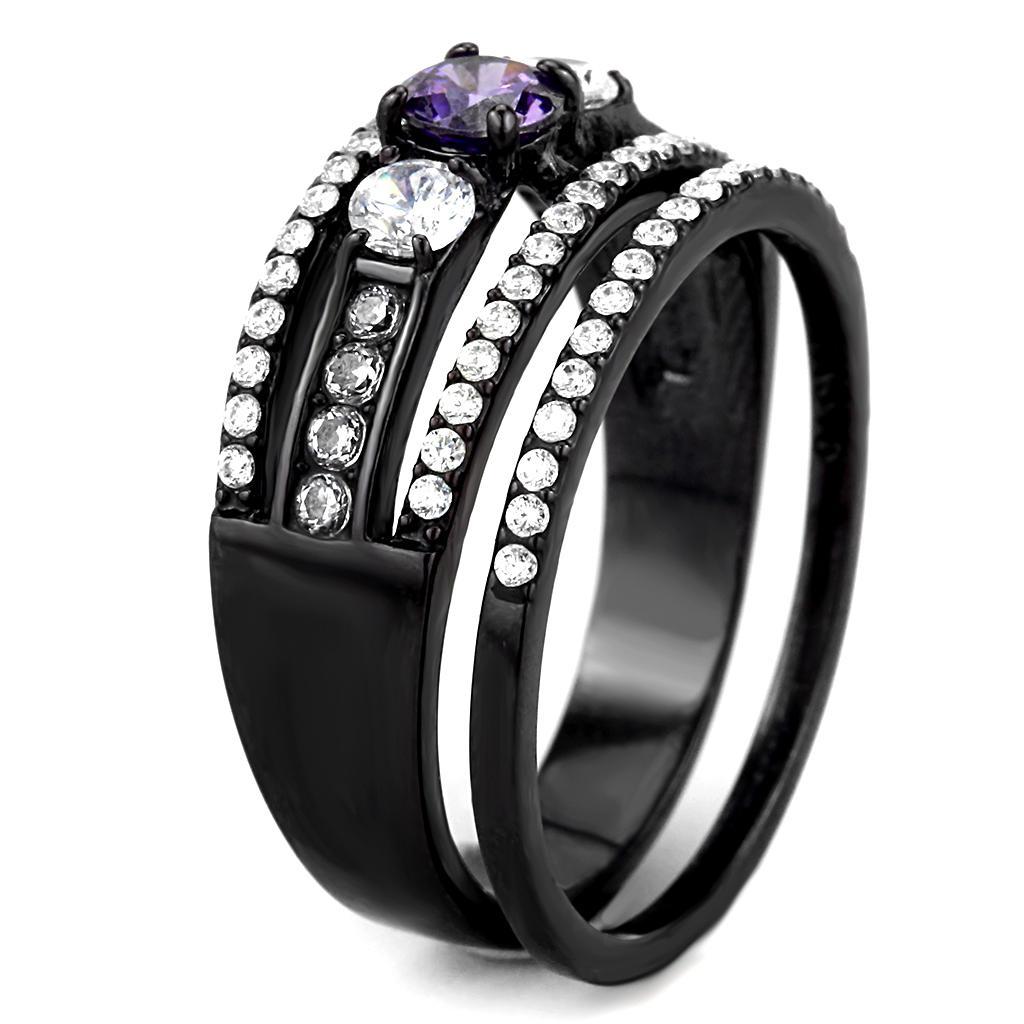 DA001 - IP Black(Ion Plating) Stainless Steel Ring with AAA Grade CZ  in Amethyst-3