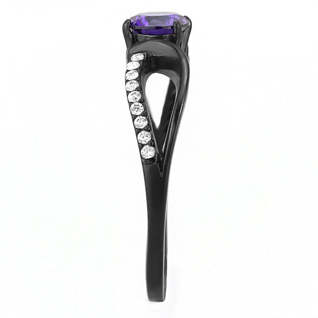 DA003 - IP Black(Ion Plating) Stainless Steel Ring with AAA Grade CZ  in Amethyst-3