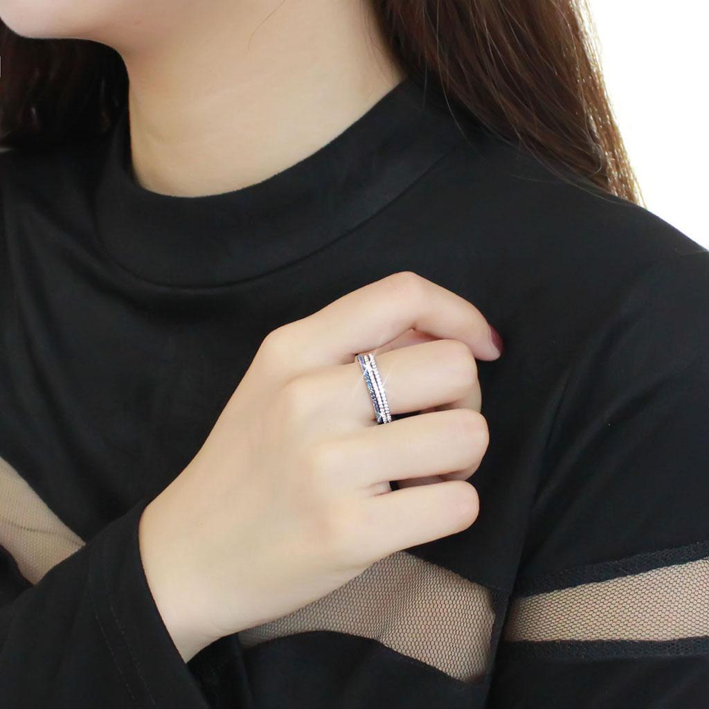 DA066 - High polished (no plating) Stainless Steel Ring with AAA Grade CZ  in London Blue-4