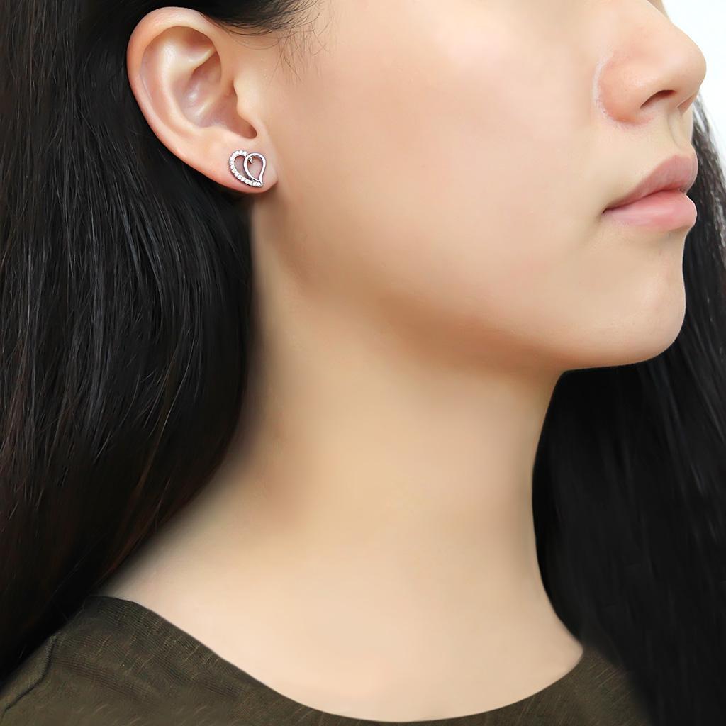 DA076 - High polished (no plating) Stainless Steel Earrings with AAA Grade CZ  in Clear-2