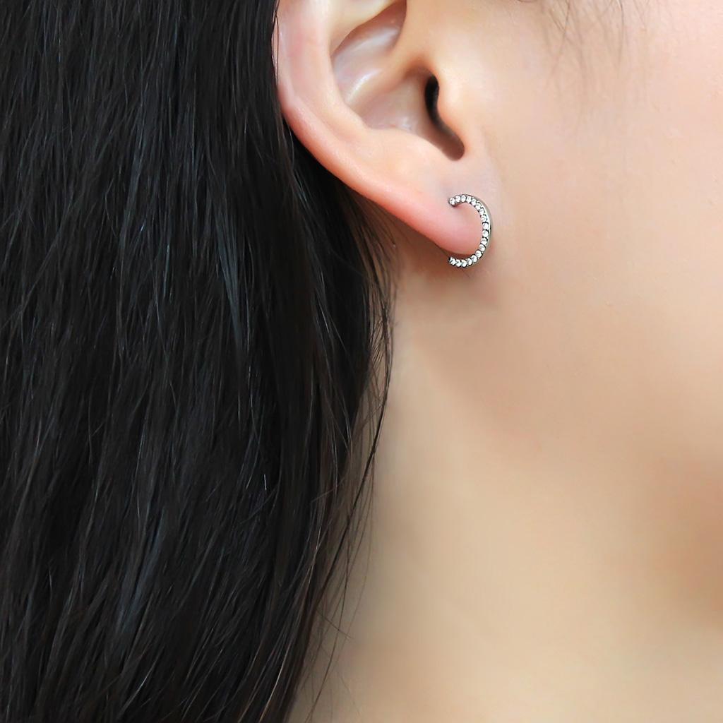 DA079 - High polished (no plating) Stainless Steel Earrings with AAA Grade CZ  in Clear-2