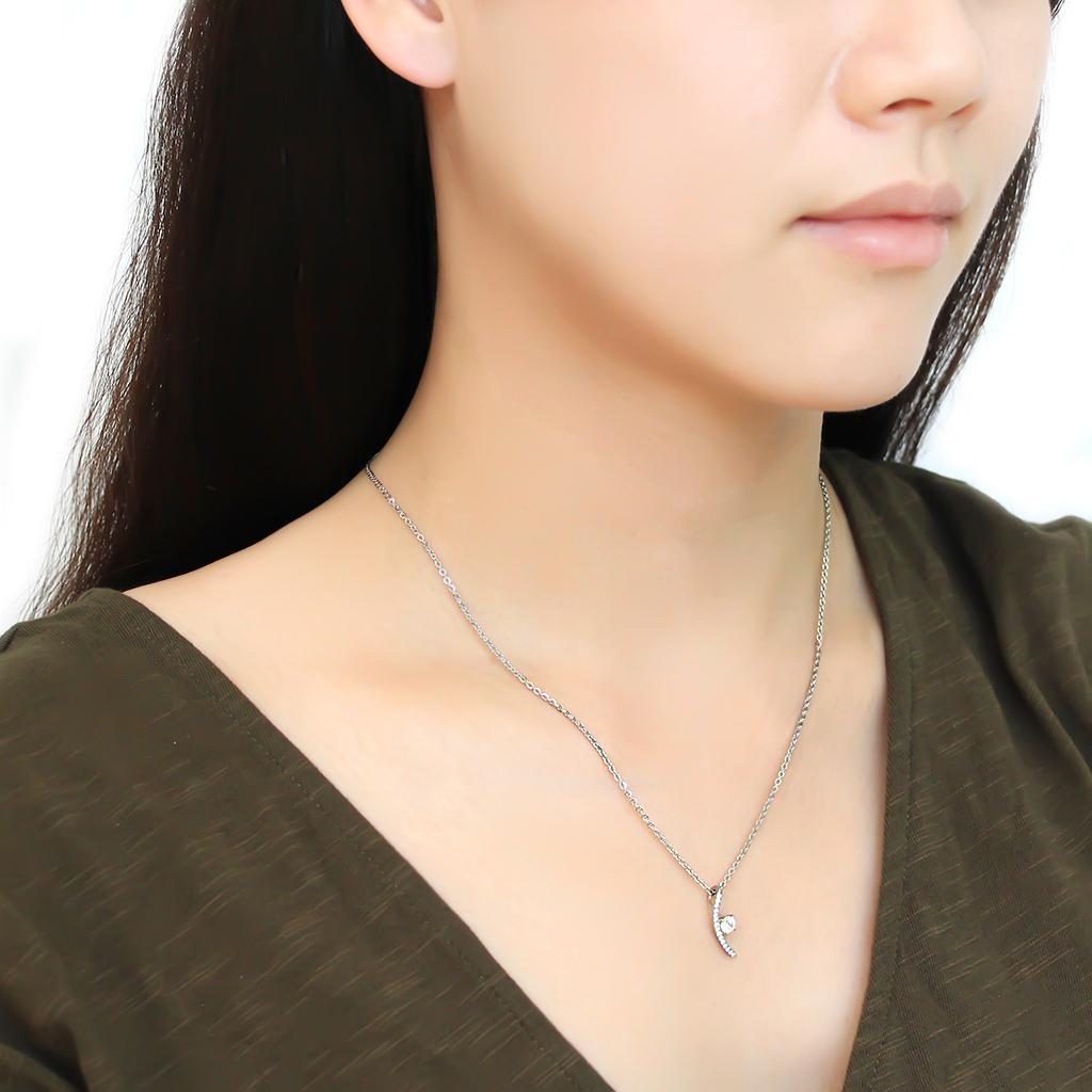 DA092 - High polished (no plating) Stainless Steel Chain Pendant with AAA Grade CZ  in Clear-2